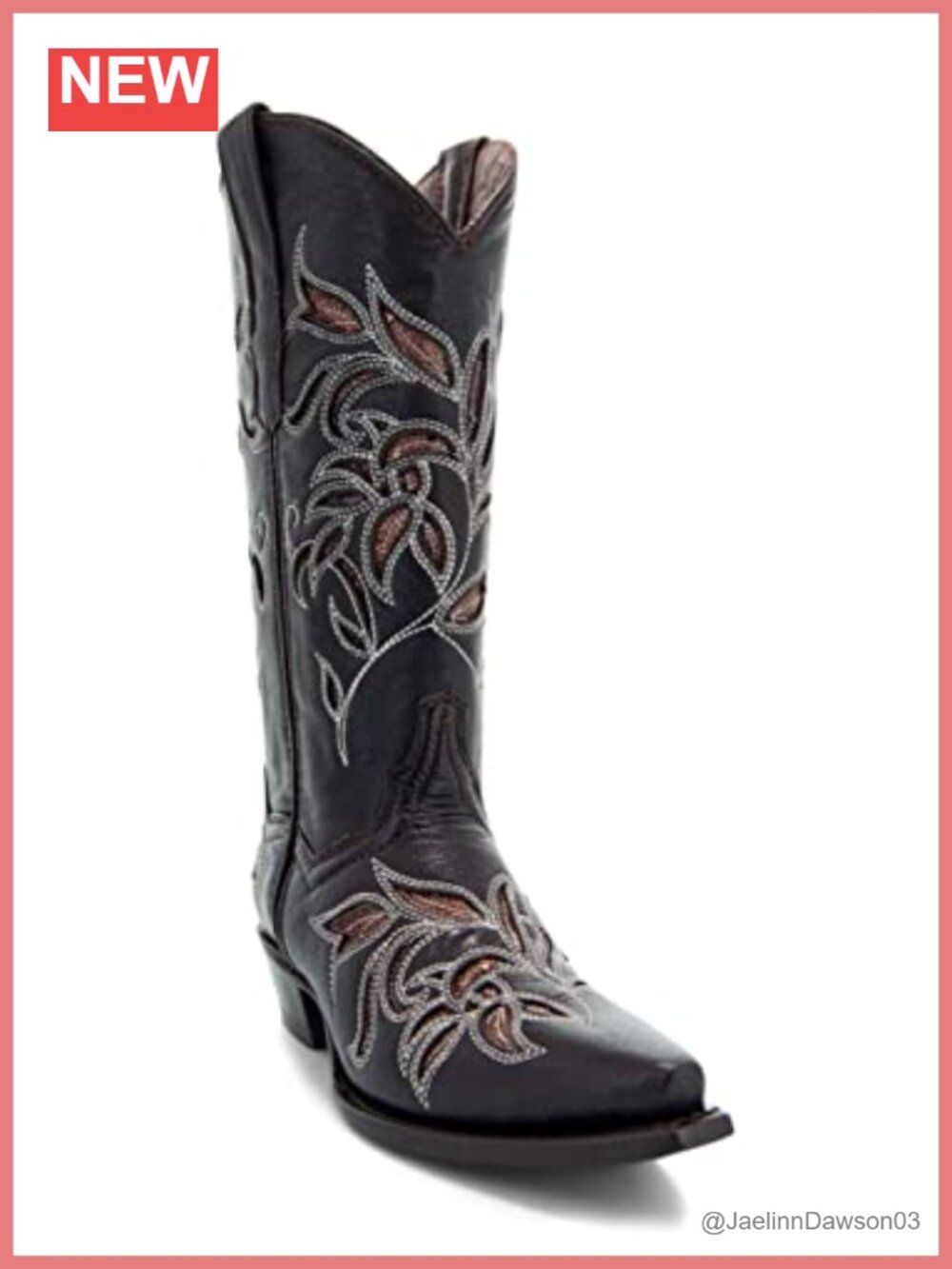 Floral Embroidered Inlay Genuine Leather Snip Toe Cowgirl Western Boots